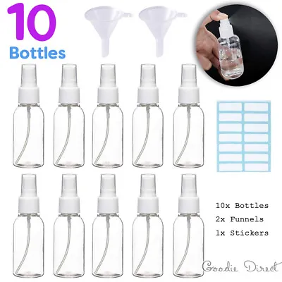 10x 50ml Plastic Clear Empty Fine Mist Spray Bottles With 2 Funnels + Stickers • £8.46