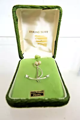 .925 Sterling Silver Vintage  Real Pearl Navy Nautical Anchor Pin Brooch W/Case • $44.95