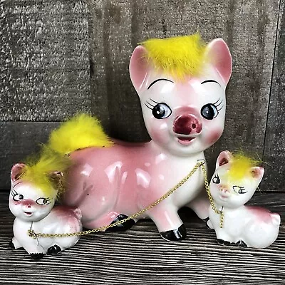 Vintage MCM Anthropomorphic Yellow Pig Family Chain Ceramic Fur Figurine Japan • $19.99