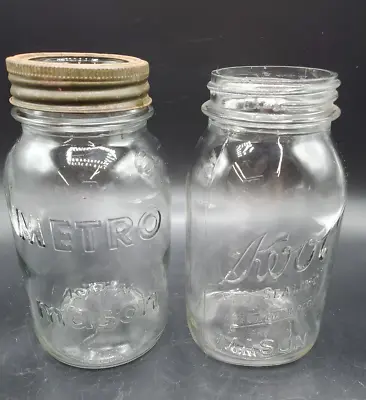 Vintage Mason 1 Qt. Glass Canning Jars (2) Metro With Glass Lid & Kerr Self Seal • $10
