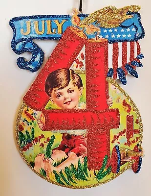 BOY In FIRECRACKER 4  - Glitter JULY 4  PATRIOTIC ORNAMENT * Vtg Img • $10.50