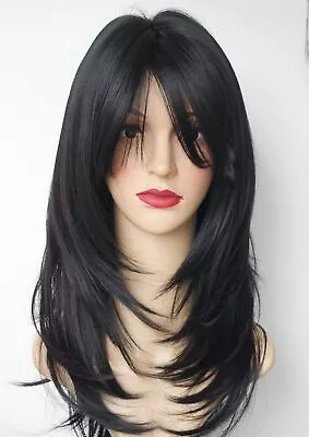 Long Natural Layered Shoulder Length Wig Synthetic Hair Black Wigs With Bangs  • $18.79