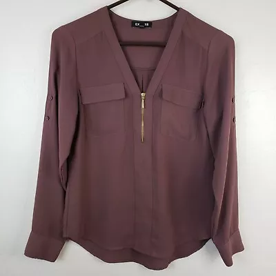 Express Blouse Women's Size XS Brown Long Sleeve 1/4 Zip Up Sheer Shirt Top • £21.22