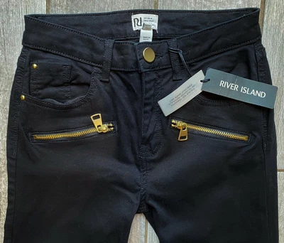£29.99 • Buy River Island  Super Skinny Biker Jet Black Ankle Jeans Front Zips 8 10 S W28 L25