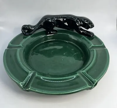 $76 • Buy Vintage PANTHER Royal California Ceramic Black Green ASHTRAY DISH ~Diameter 9.5 