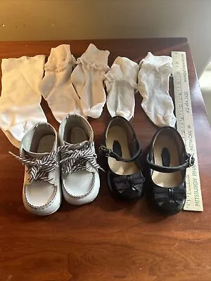 Vintage Baby Shoes Dyna  Kids Black Mary Jane Stride Rite Lace Trim Socks Lot • $12