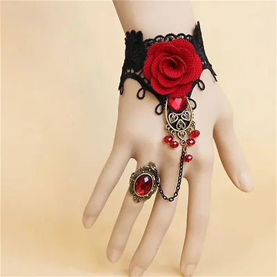 New Elegant Gothic Style Lace Red Rose Bracelet With Adjustable Finger Ring B~mj • $5.26