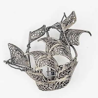 Vintage Sterling Silver 925 Filigree Ship Boat Brooch Pin Very Detailed • $59.95