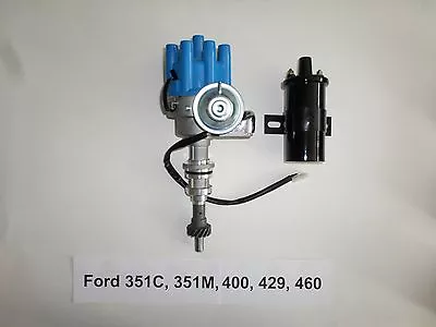 FORD 351C-400M-429-460 BLUE Female Small HEI Distributor + Black 45K Volt Coil  • $124.91