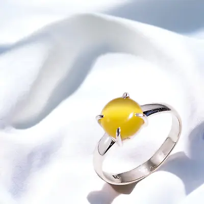 Natural Cats Eye Gemstone Statement Yellow Ring Size  925 Silver • $17.09