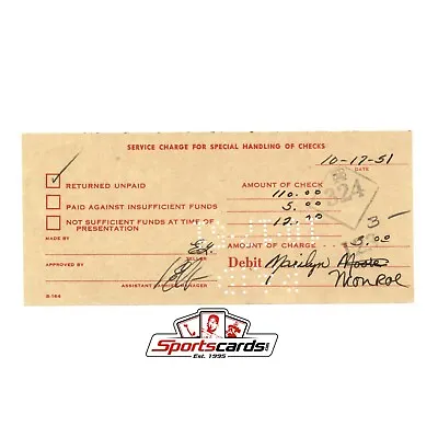 Marilyn Monroe Bank Issue Service Charge Receipt Dated 10-17-51 • $124.99