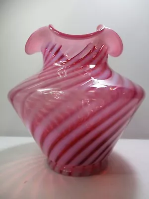 Vintage Fenton Glass Vase  Cranberry Spiral Optics  Opalescent Ruffled Excellent • $29.99