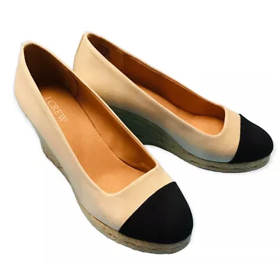 J Crew Sz 8 Espadrilles Canvas Slip On Wedge Heels Ivory Black Cap Toe Shoes • $19.99