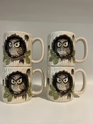 Otagiri Set Of 4 Owl Mug Handpainted 3D Ceramic Coffee Tea Cup Japan Vintage • $38