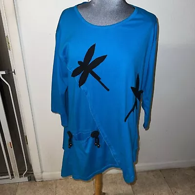 Dragonfly Shirt Tunic Womens Medium Long  Blue Dragonfly Cotton Made In Nepal • $12.95