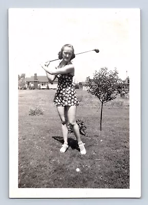 3 Vintage Photographs Female Golfer In Short Dress Shows Off Swing Woman • $4.99