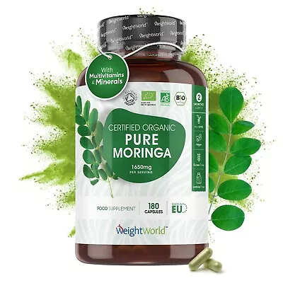 Organic Moringa - 180 Capsules - Vitamin A Vitamin C Vitamin D Calcium - Vegan • £17.49