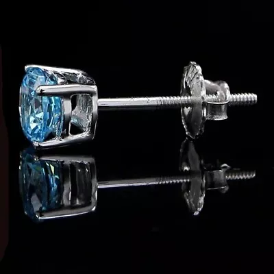 Mens Single Stud Earring 2Ct Round Lab Created Blue Diamond 14kWhite Gold Plated • $20