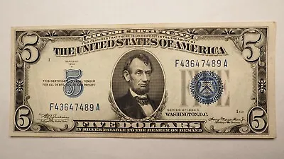 1934 A - 5 Dollar Silver Certificate (blue Seal) - Free Shipping! - #0288 • $28