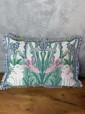 Vintage French Woven Tapestry Fringed Easter Bunny Smelling Flowers Iris Pillow • $18.85