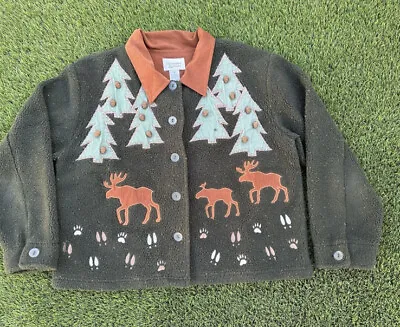 Christopher & Banks Fleece Green Lined Winter Jacket Pinecone Moose Trees Medium • $30