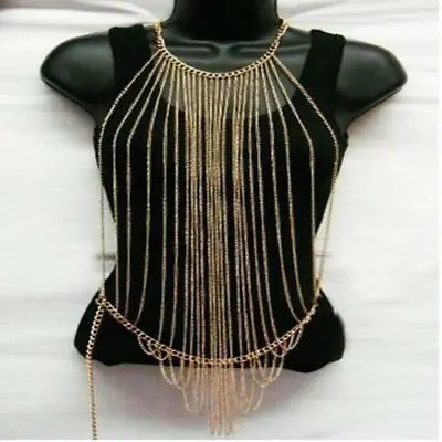 Elegant Lady Body Full Metal Chain Gold Jewelry Necklace Bikini Belly Harnes • £10.56