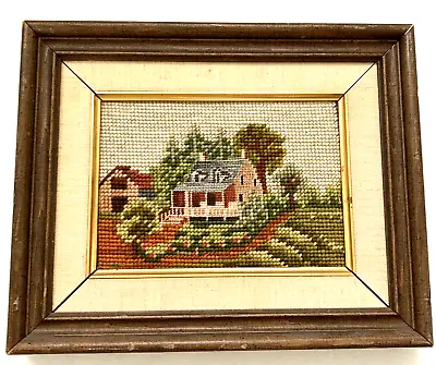 VTG '70s Needlepoint Cross Stitch Farm House Barn Garden Finished Framed 9”x11” • $12.99