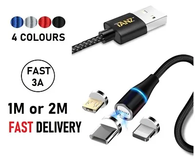 3 In 1 Magnetic 3A Fast Charging USB Cable Phone Charger IOS Micro USB Type-C • £1.99