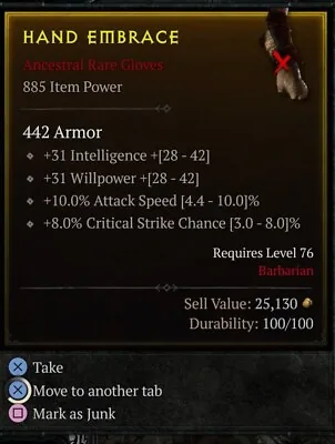 Diablo 4 Season 3 Softcore Barb Gloves Willpower MAX ATTACK SPEED  MAX CRIT • $15