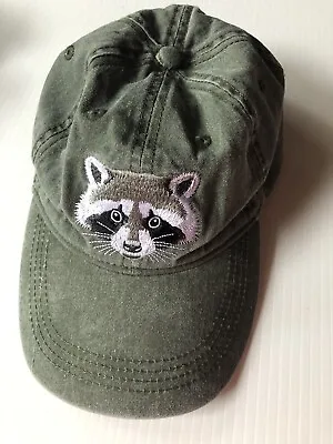 ECO Wear Embroidered Raccoon Baseball Cap Distressed Green Adjustable • $4.99