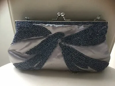 £12 • Buy LEKO LONDON Ladies Grey Satin Bag Navy Beaded Detail Chain Strap
