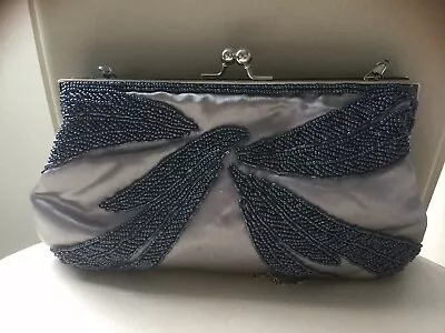 £12 • Buy LEKO LONDON Ladies Grey Satin Bag Navy Beaded Detail Chain Strap