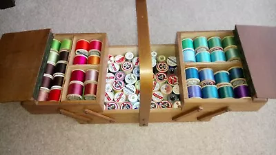 Vintage Cantilever Sewing Box Bent Wood Handle + 91 Spools Of Cotton Some New  • £50