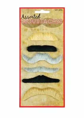 6 Assorted Coloured Moustaches - Fancy Dress Costume Stick On Self Adhesive • £1.99