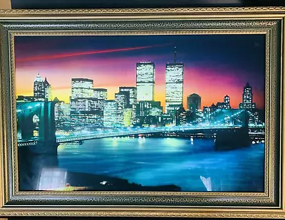Vintage New York Skyline Twin Towers Water Picture Light & Sound 25X18” • $99