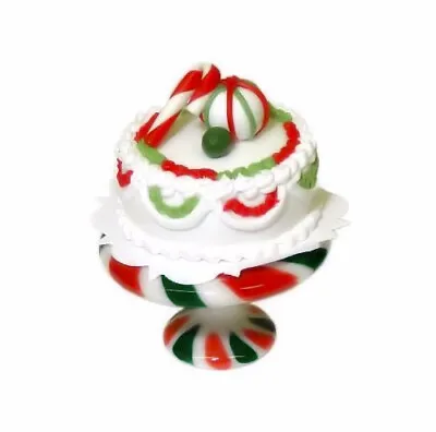 Dollhouse Christmas Cake W Candy Cane On Peppermint Swirl Cake Stand Miniature • $17.95