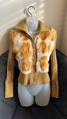 $28.48 • Buy Yellow Tan Cable Knit Cardigan Sweater Jacket With Genuine Soft Fur Size XS
