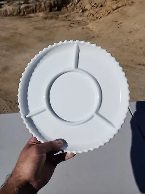 Vintage 10  Diameter Milk Glass White Round 4- Divided Platter Scalloped Rim • $29
