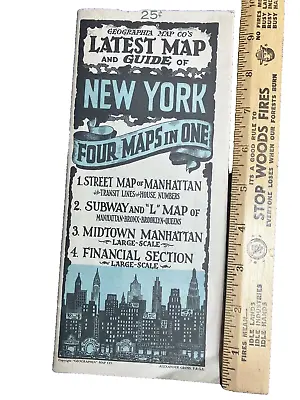 £16.39 • Buy MANHATTAN NEW YORK CITY Map Old Antique Original+  Radio City Music Hall Cloth