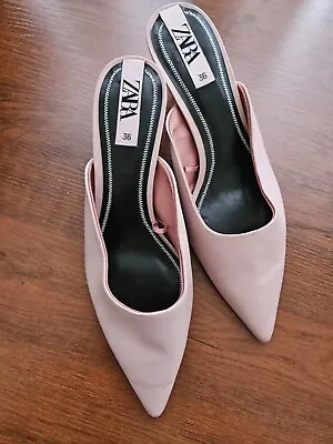 Zara Heels Leather Mules Shoes Size EU36 US 6  Pink Mid High Heel • $24.95