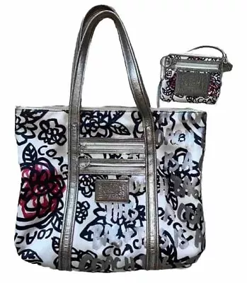 Coach Poppy Black White Flower Graffiti Glam Tote Handbag Marching Wallet Pouch • $85