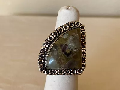 Vintage Marbled Triangular Green Stone Silver Tone Ring - Adjustable • $6