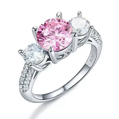 3CT Round Lab-Created Pink Sapphire Diamond Engagement Ring 925 Sterling Silver • $86.99