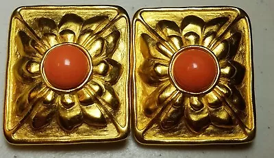 Karl Lagerfeld Paris Vtg Designer Runway Gold Plated Coral Cabochon Earrings  • $375