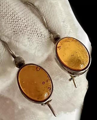 Vintage Sterling Silver Amber Earrings Cognac Cabochon Bezel Set 1in Ladies 925 • $35