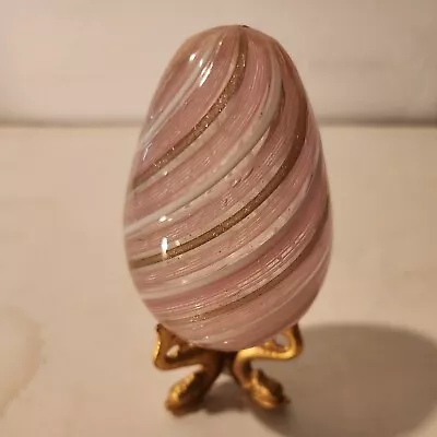 Murano 3  Glass Spiral Swirl Pink White Gold Egg W/ Brass Toned Dolphin Stand • $75