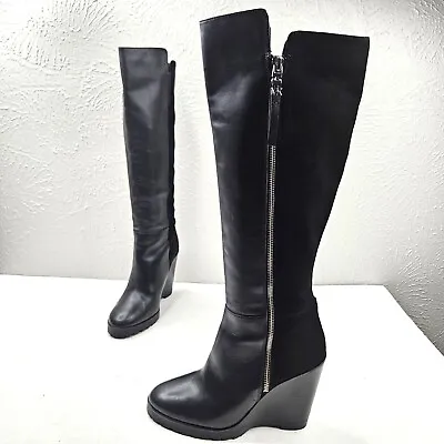 Michael Kors Wedge Heel Platform Knee High Boots 8M Black Leather Tall Sexy Zip • $79