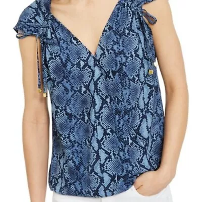 Michael Kors Snake Skin Print Wrap Blouse Sinched Shoulder With Beads Sz M Blue • $15.95