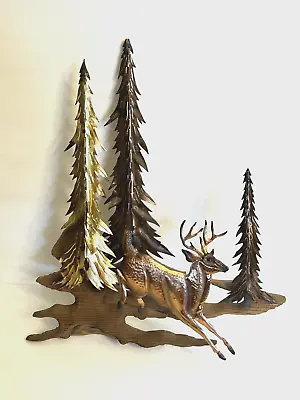 Vintage Brass Copper Deer Sculpture Trees Wood Metal Wall Art • $24.07