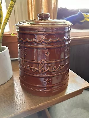 MARCREST Brown Drip Style Stoneware DAISY DOT 1950's Ceramic Cookie Jar • $25